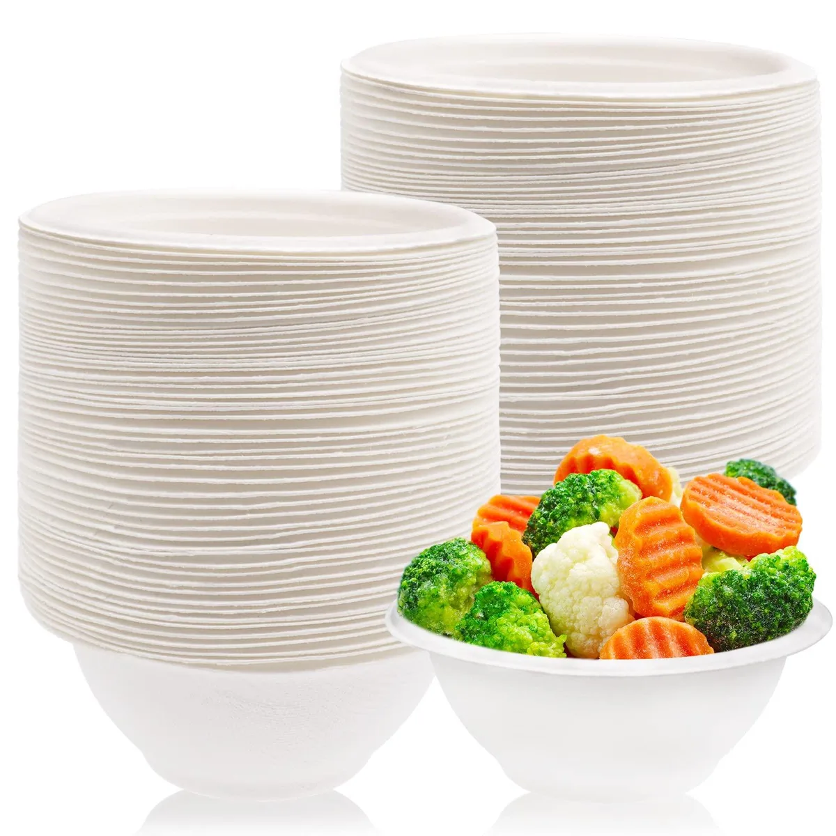 Stack of 100 white 8oz round paper bowls 4.5 inch diameter