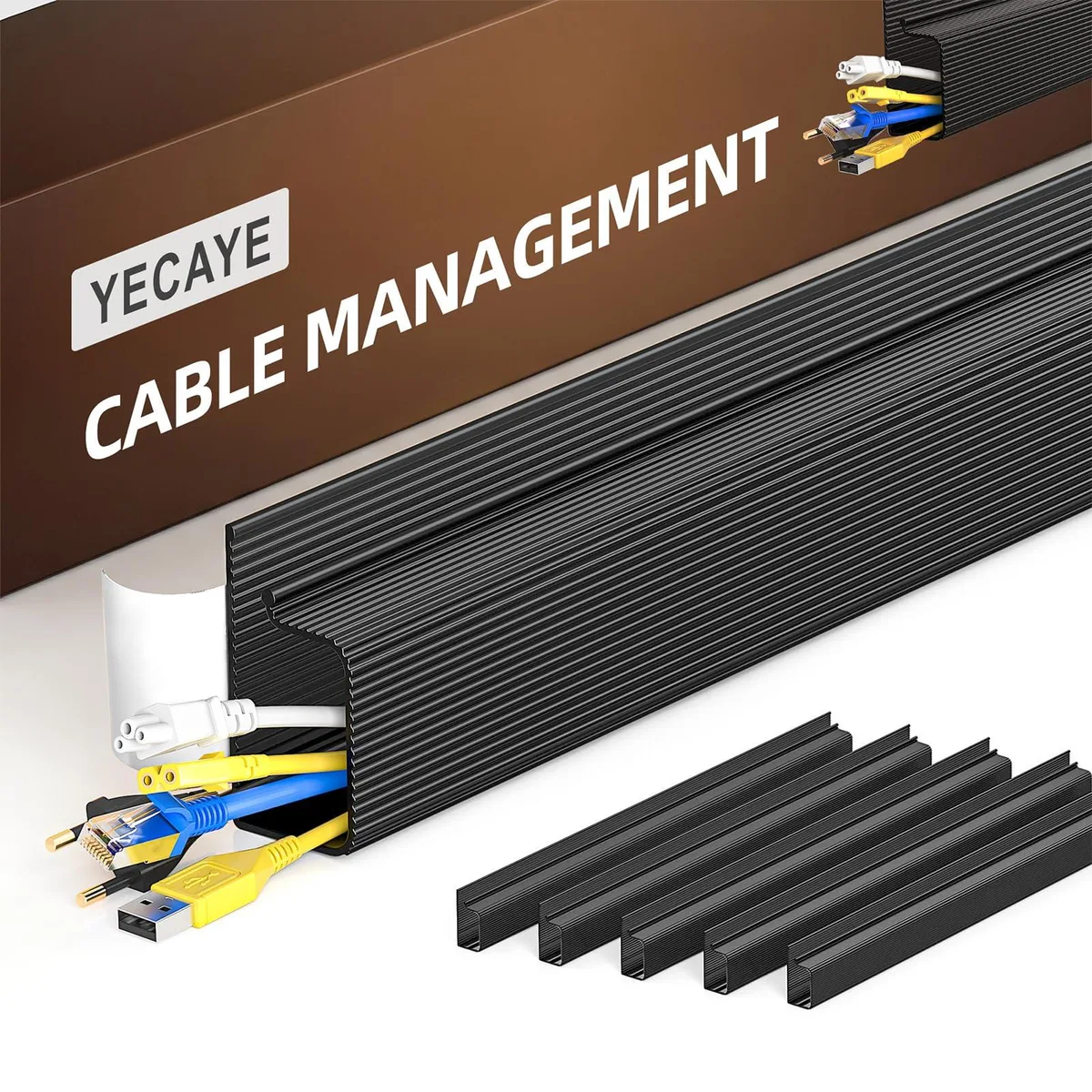 Six black J-channel cord covers with adhesive backing, each 15.7 inches long