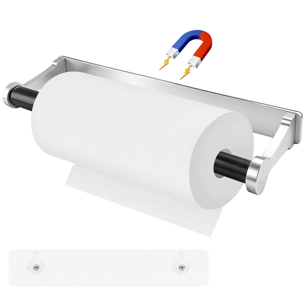 Silver aluminium paper towel holder, 12.8 cm long, magnetic and adhesive mount