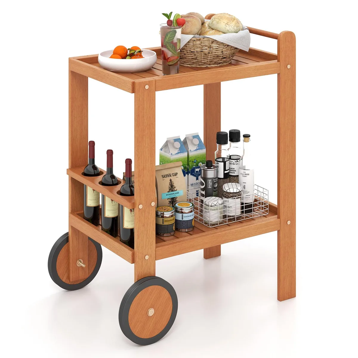 SlickBlue SlickBlue 2-Tier Rolling Serving Cart Natural Hardwood 27x20x35.5in — product photo