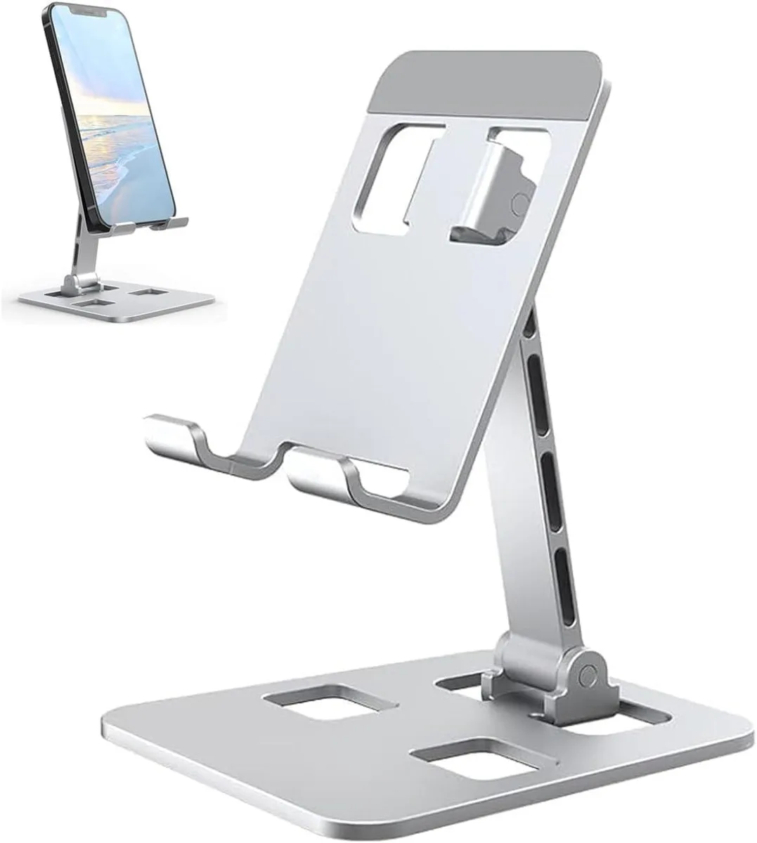 Silver foldable desktop phone stand, adjustable angle and height, flat base with non-slip pad
