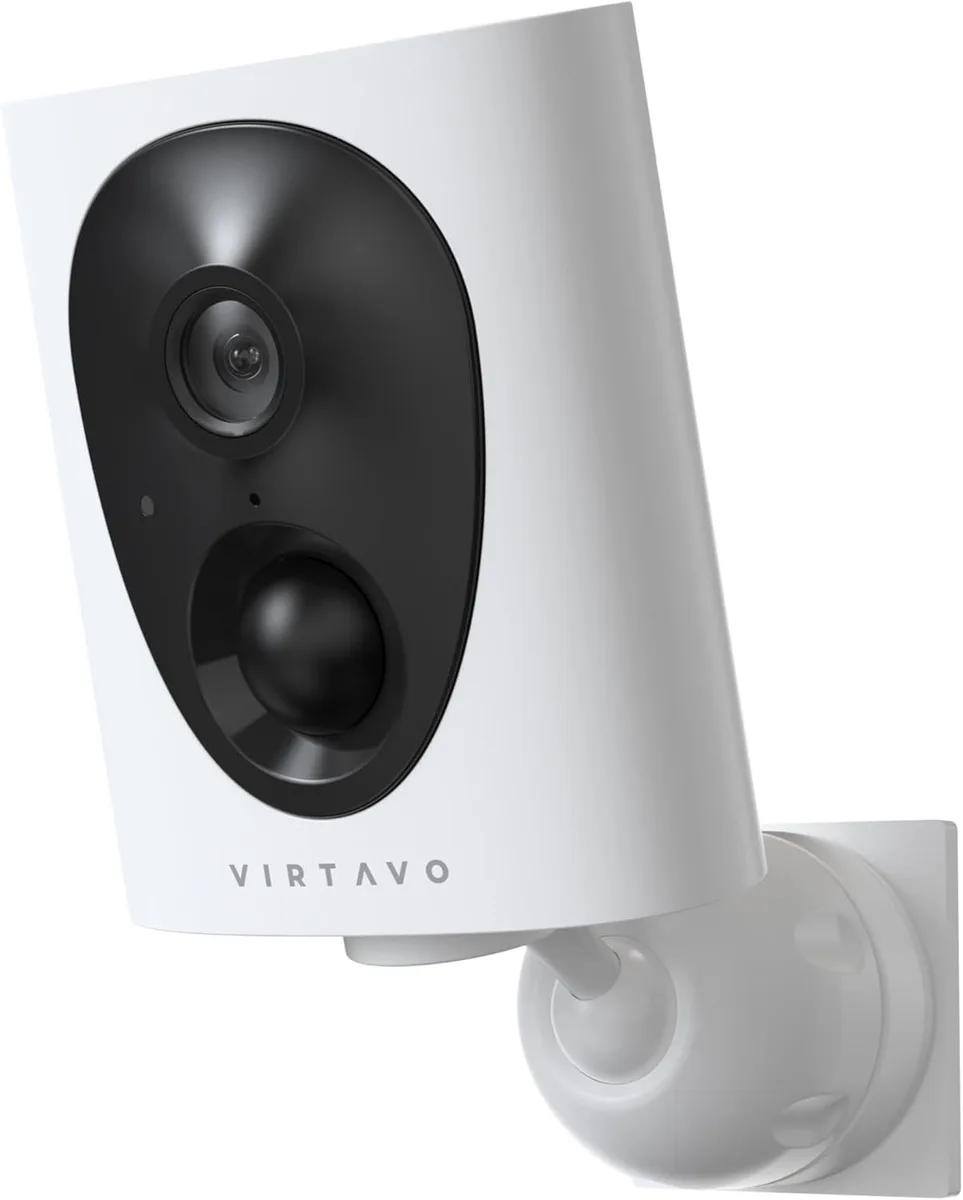 White cylindrical outdoor camera with black lens housing and two small IR LEDs
