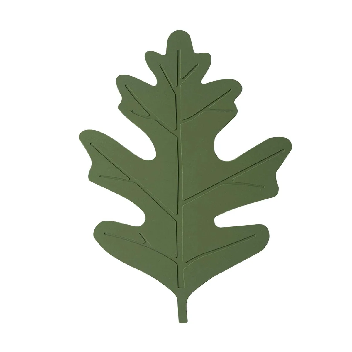 Two small green silicone coasters shaped like oak leaves