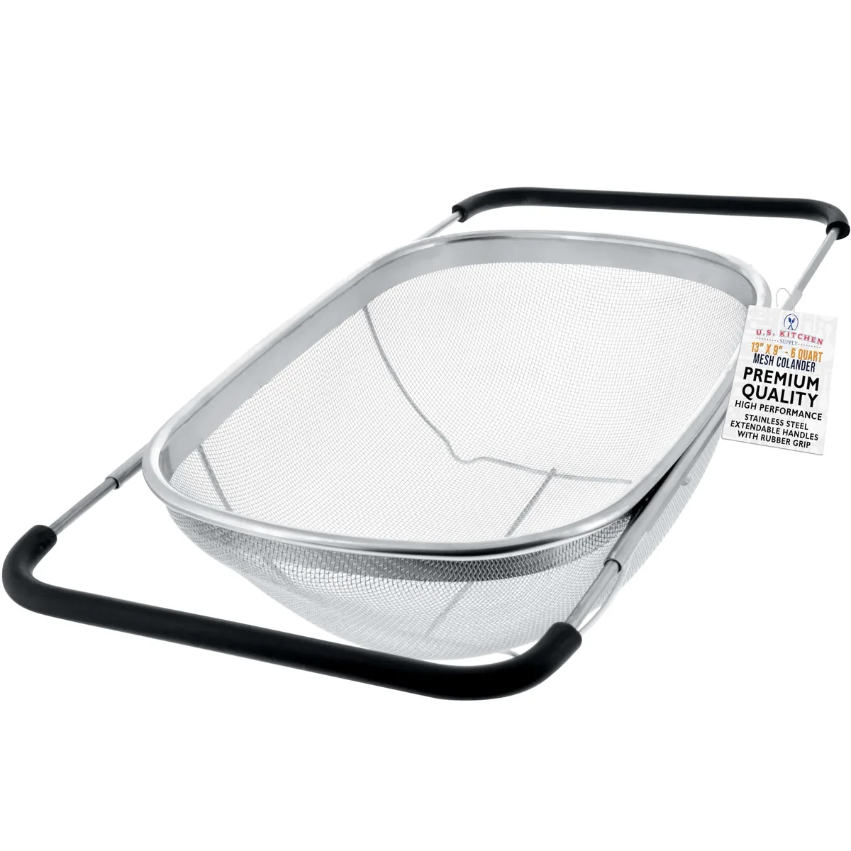 Rectangular stainless steel colander with expandable rubber handles, fine mesh, collapsible sides