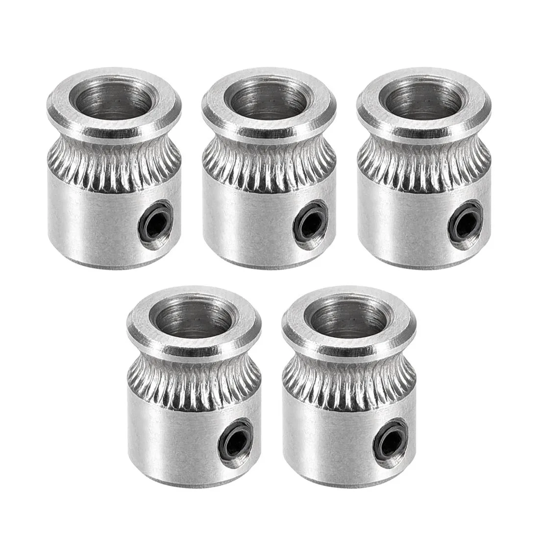 Five stainless steel MK8 drive gears with 5 mm bore and deep grooves for 1.75 mm filament