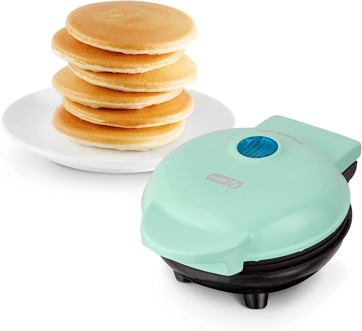 Small round electric griddle in aqua finish