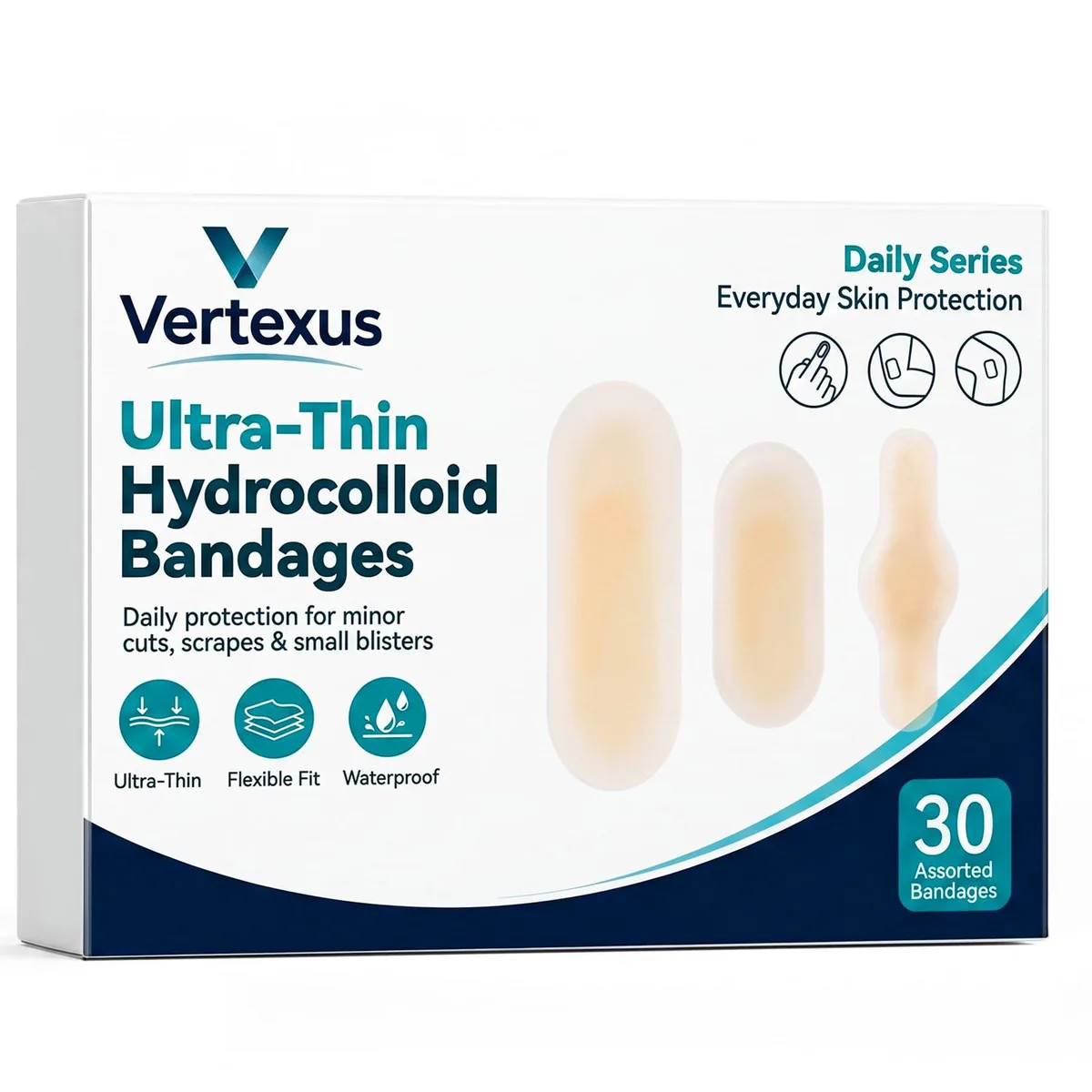 A white cardboard box containing 30 assorted hydrocolloid bandages