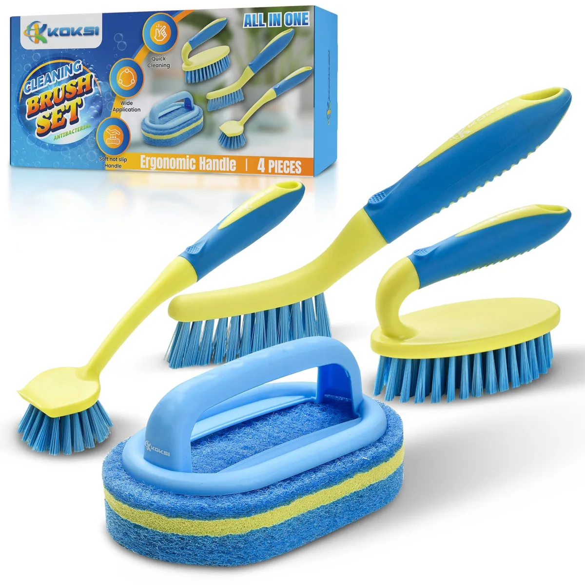 Four-piece scrub brush set with 51-inch ergonomic handle