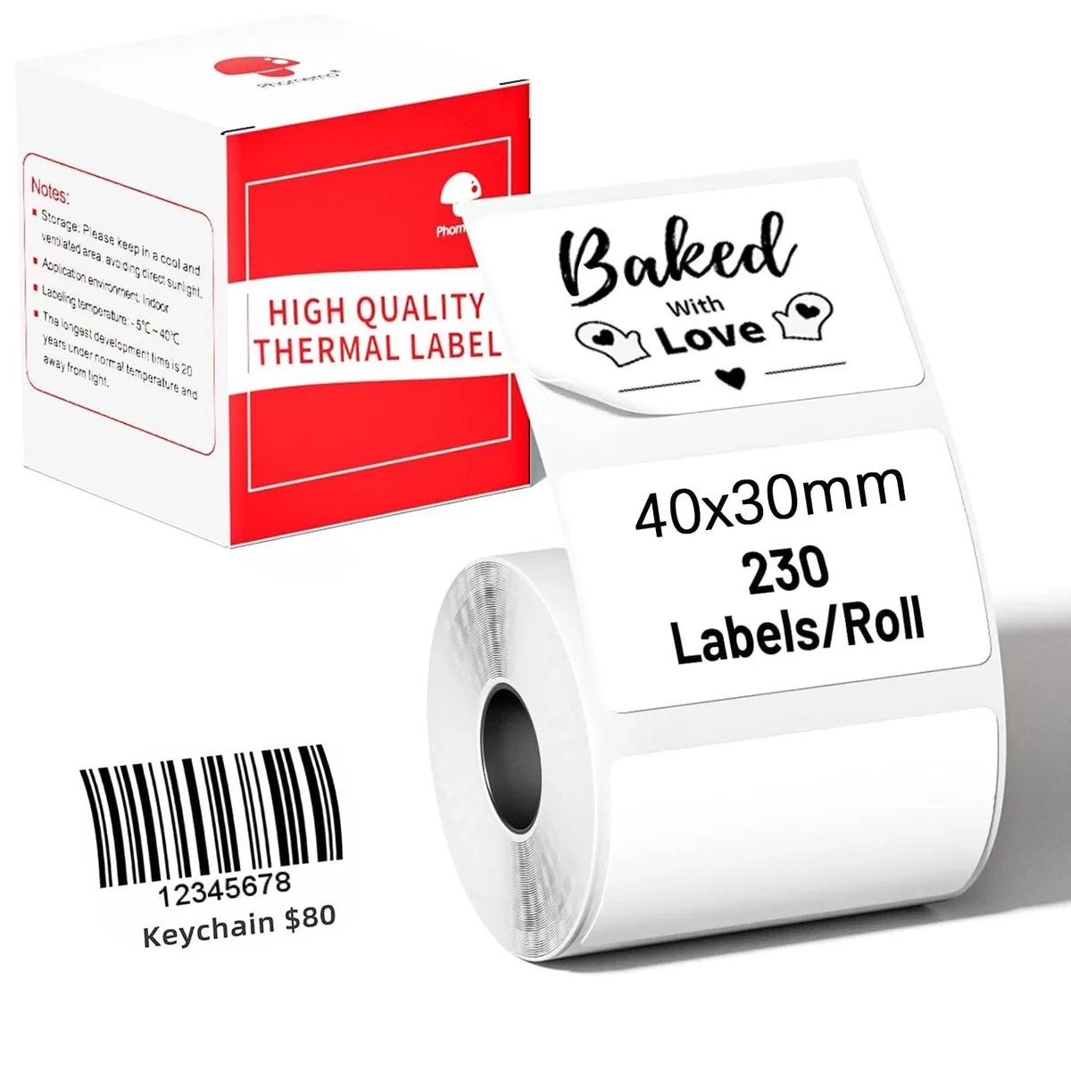 White thermal label roll, 40 by 30 mm, 230 self-adhesive labels per roll