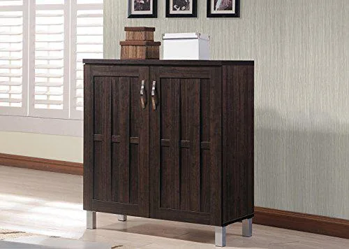 Dark brown sideboard cabinet with two doors, silver handles, and PVC legs