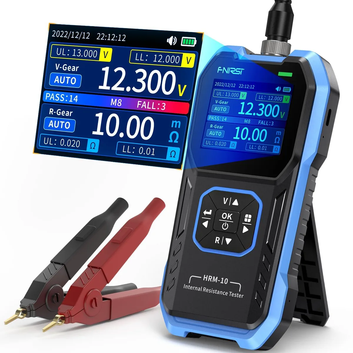 FNIRSI HRM-10 handheld battery tester with colour TFT screen and Kelvin clip leads