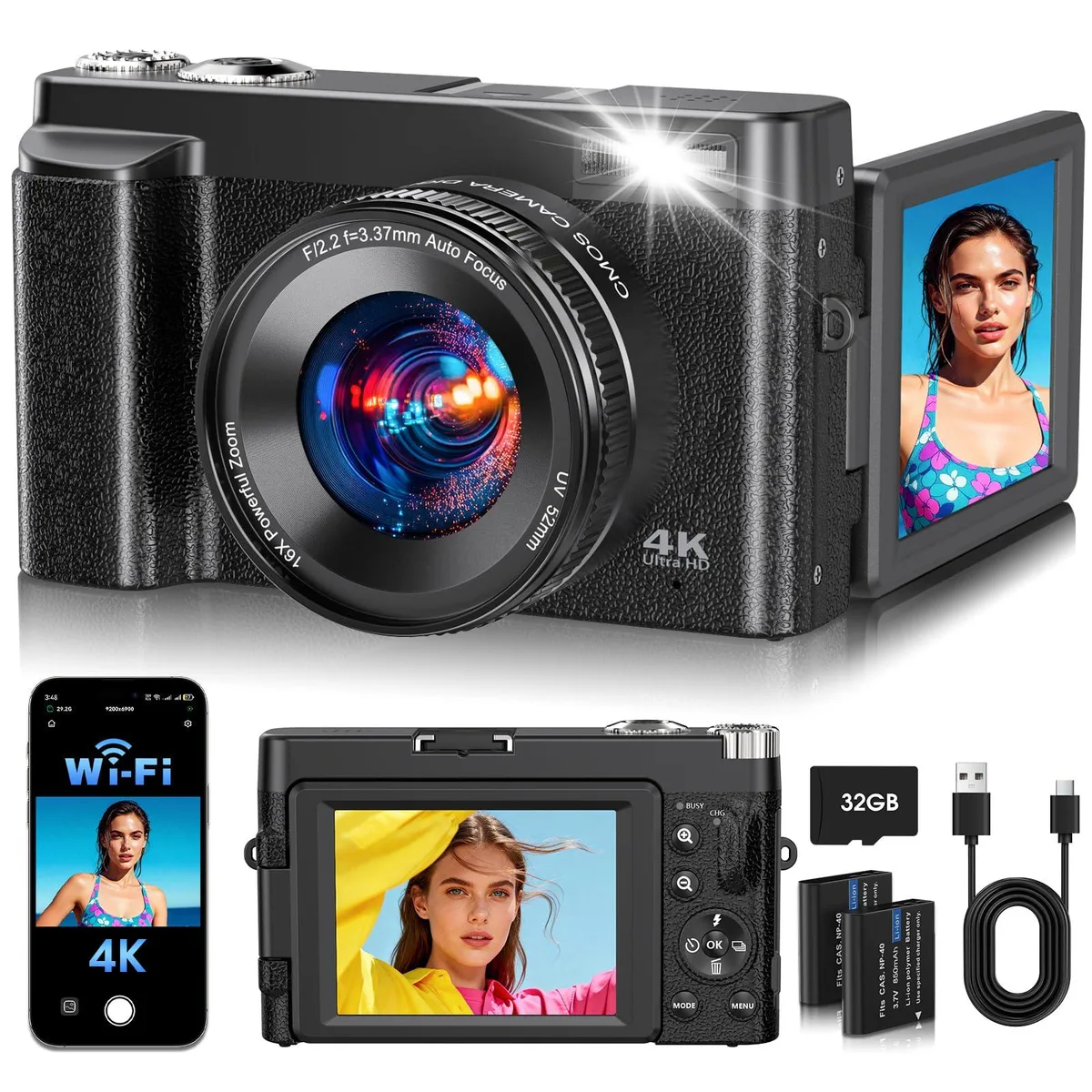  TESFOT DC101 64MP 4K 180° Flip WiFi Black — product photo