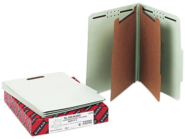 Smead Smead 14076 pressboard classification folder, six-section, letter, gray-green, box of 10 — product photo