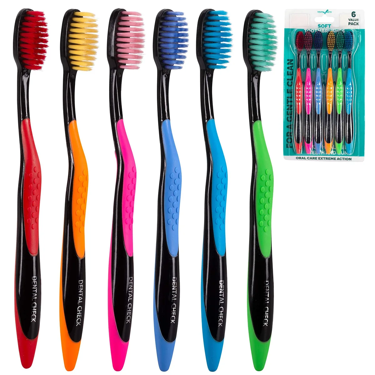 Six charcoal-infused manual toothbrushes in assorted colours, soft angled bristles, rubber handles