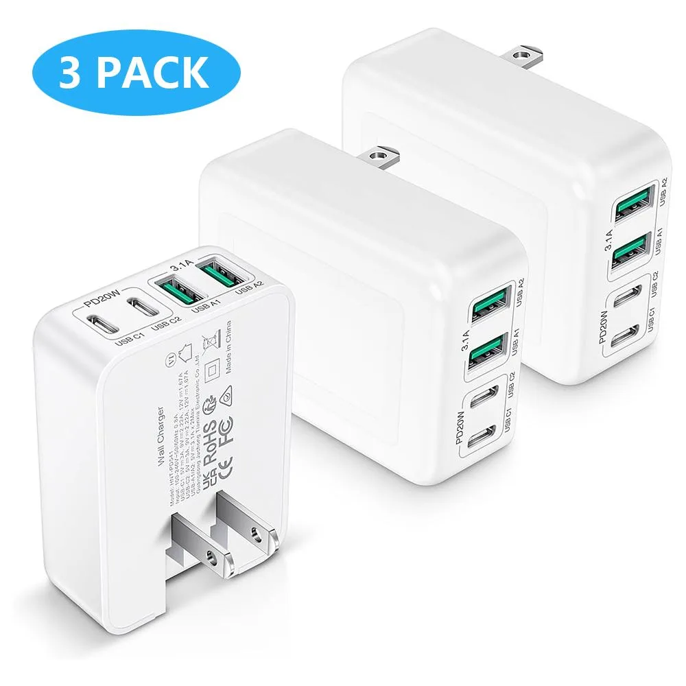 IHDAPP IHDAPP Flat USB-C Wall Charger 3-Pack White 40W 4-Port Foldable Plug — product photo