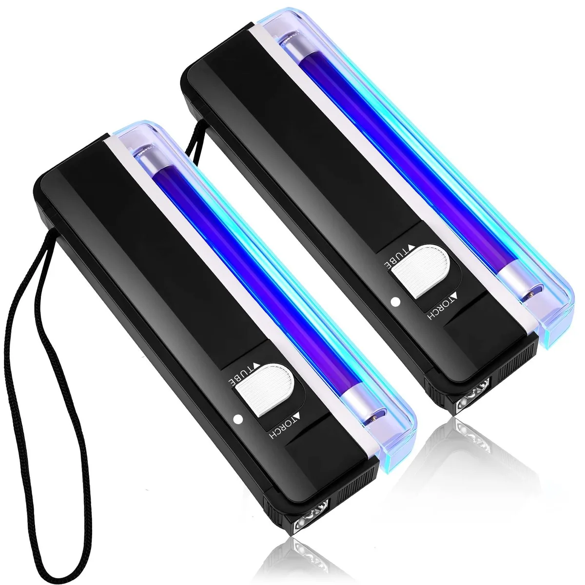 Two black rectangular UV flashlights with carrying cords