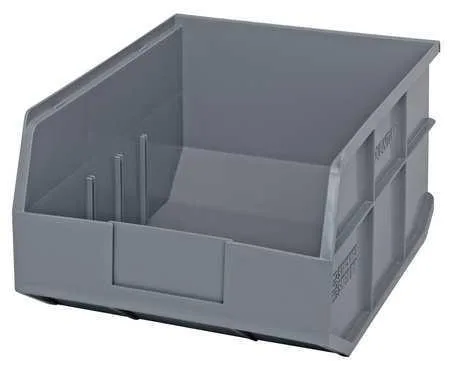 Gray polypropylene shelf bin 14 by 11 by 7 inches with label holder