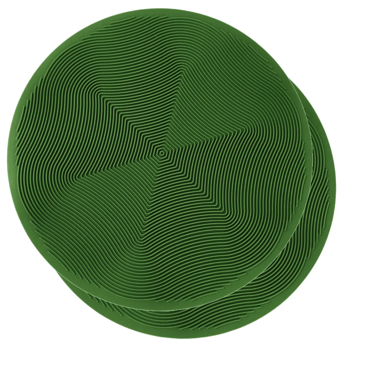 Two green silicone pot holder mats with raised geometric pattern