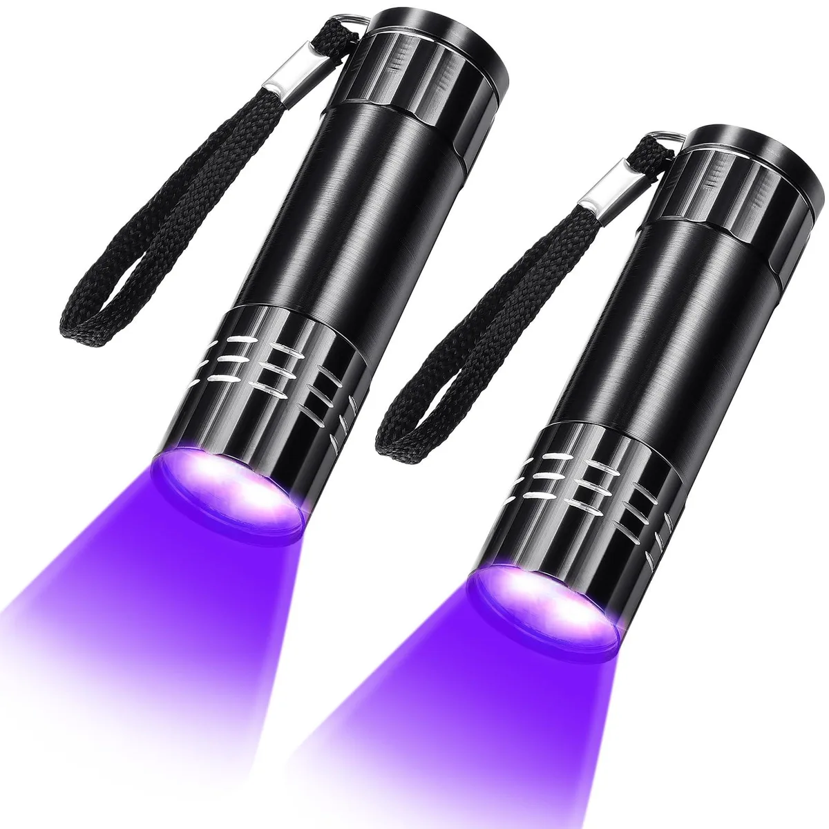 Two black cylindrical aluminium flashlights with textured grip and wrist straps