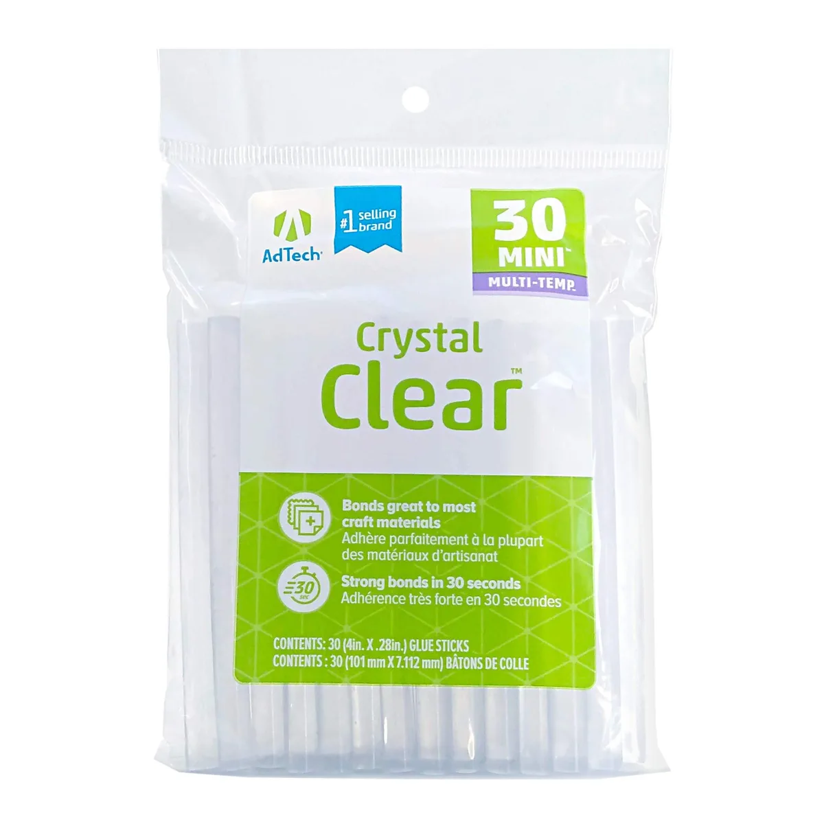 Clear mini glue sticks, 30 count, 4 inch by .28 inch diameter, in pouch