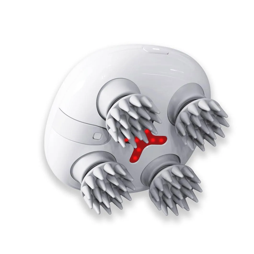 White round electric scalp massager with four silicone kneading nodes, 3.1 inches wide, 2.3 inches tall