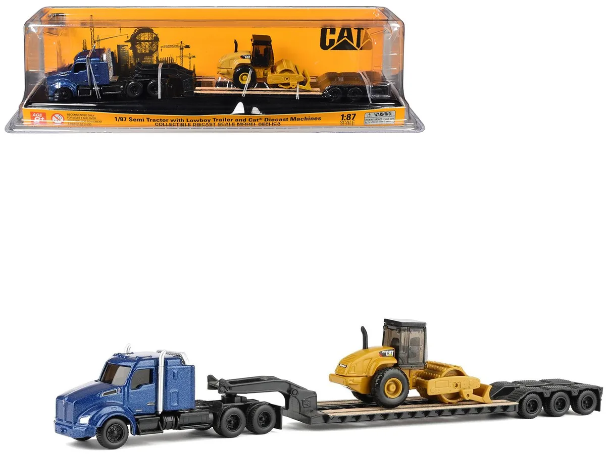 DieCast Masters DieCast Masters Kenworth T880 Blue Metallic with CAT Padfoot Roller Yellow 1/87 Scale Hobby Collectible — product photo