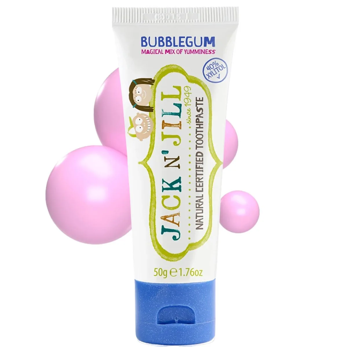 Small white 1.76 oz toothpaste tube with bubblegum label