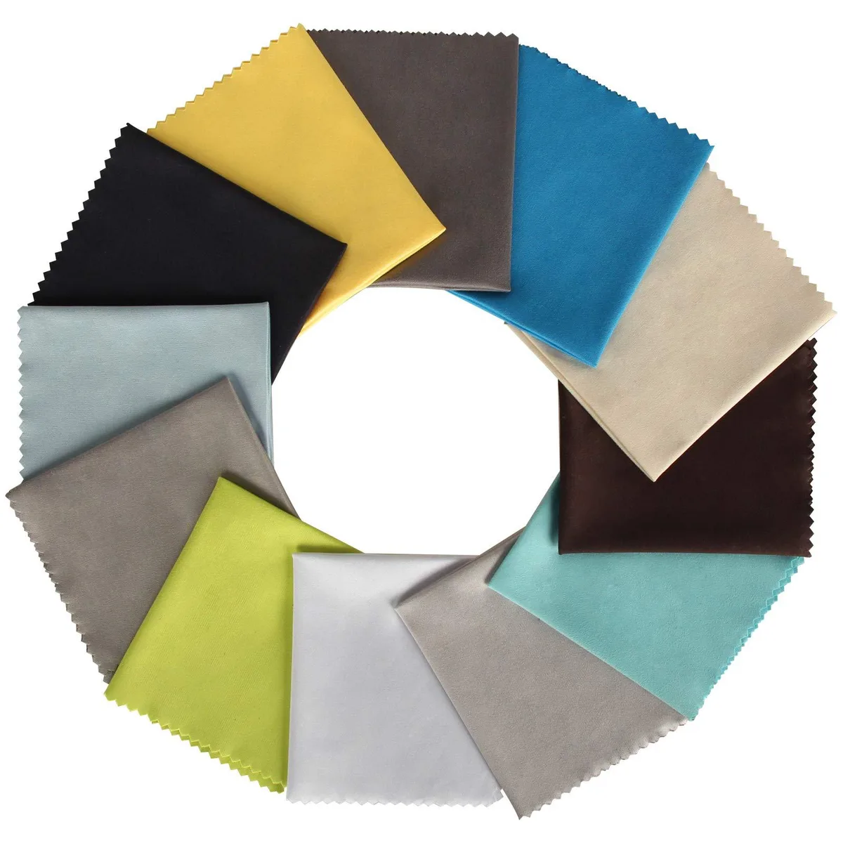 Twelve small square microfiber cloths in assorted colours, each about 15 by 18 centimetres
