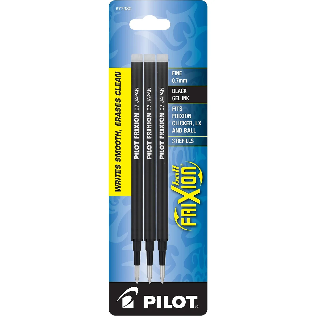 Three black Pilot FriXion fine-point pens in clear pack
