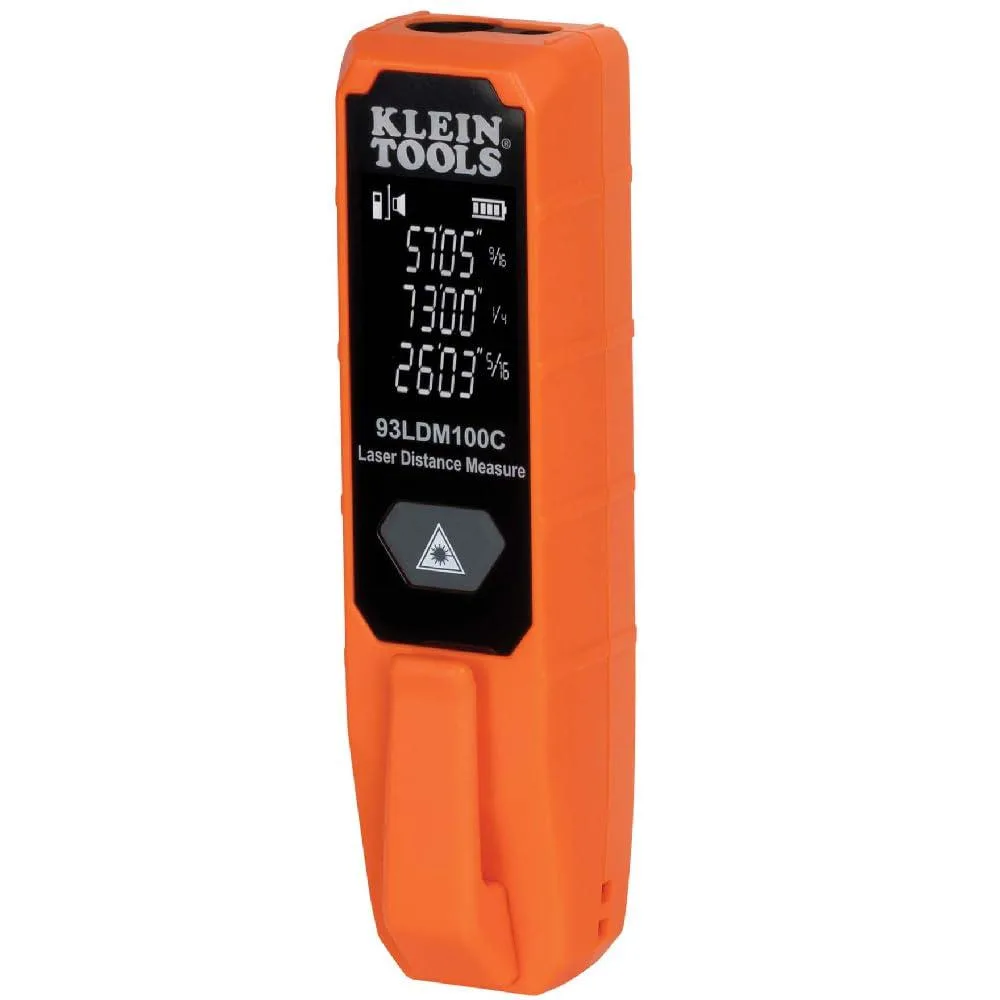 Compact black laser distance measure with reverse contrast LCD display and pocket clip