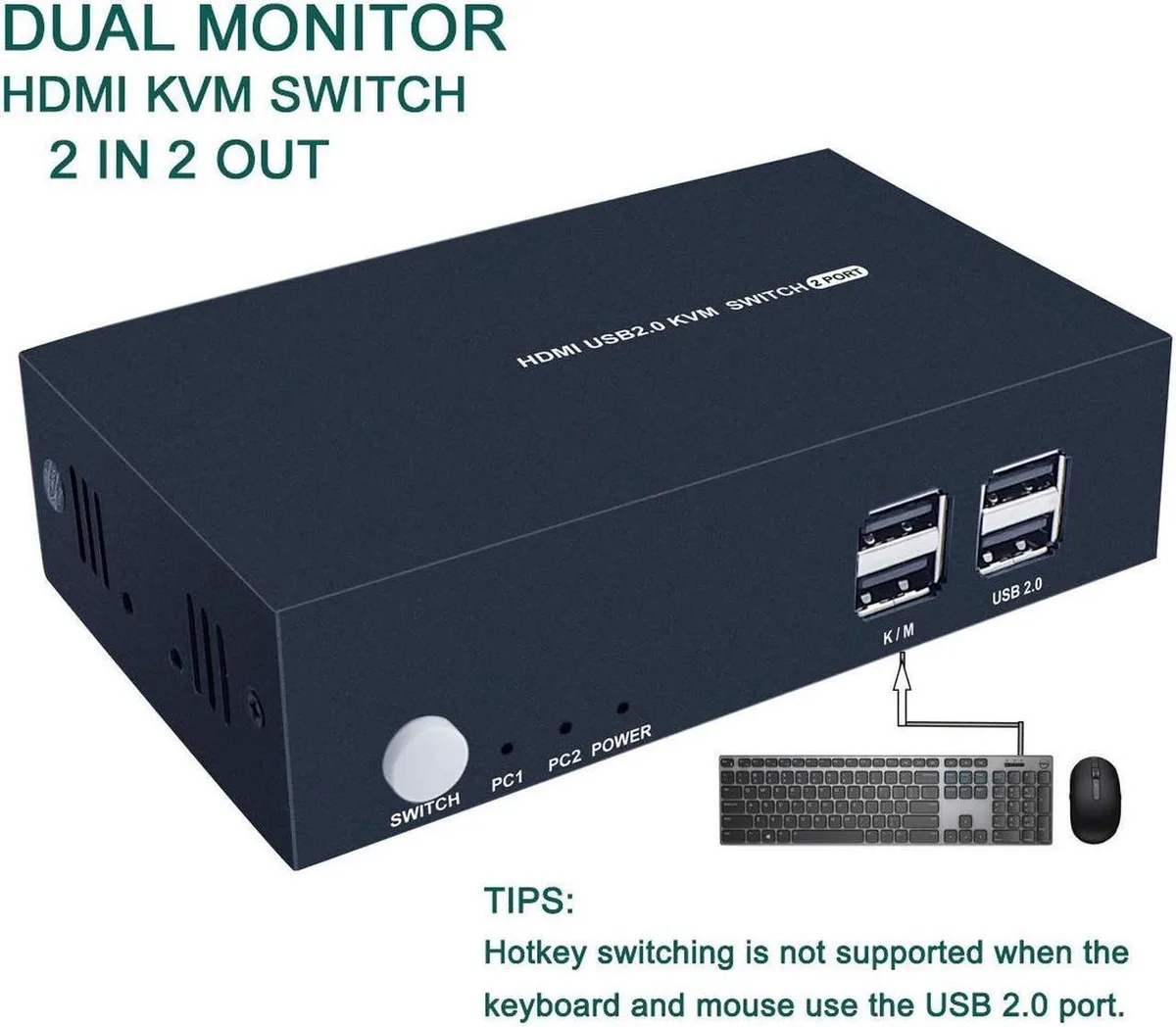 Vszerda Vszerda 2 Port Dual Monitor KVM Switch HDMI 4K@30Hz USB 2.0 Hub 4 Cables — product photo