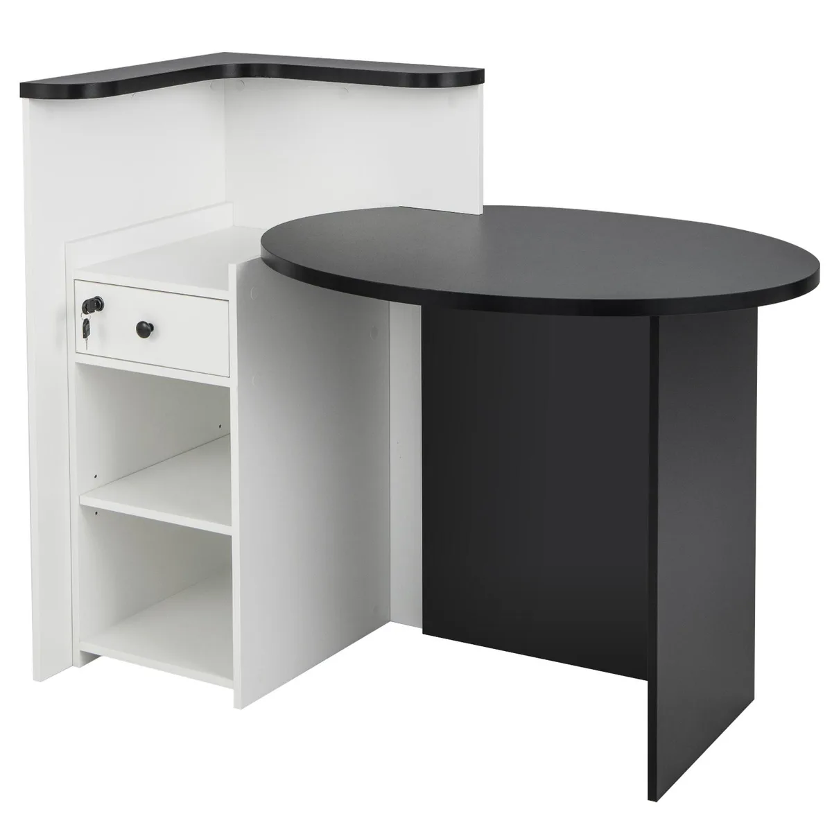 SlickBlue reception desk, black and white engineered wood, oval tabletop, open shelf and lockable drawer