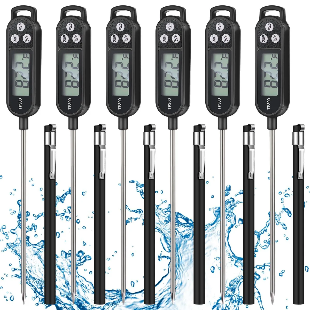 Six black digital probe thermometers with protective sleeves