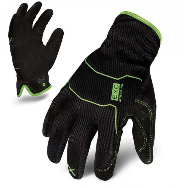 Small black and green mechanics glove with synthetic leather palm and polyester back