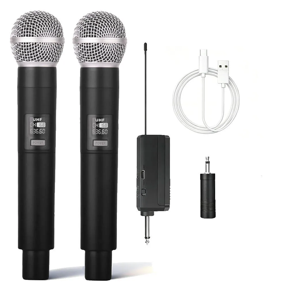 Black dual wireless microphone set with two handheld units and a USB receiver, LED displays on each, aluminium tubes with mesh heads