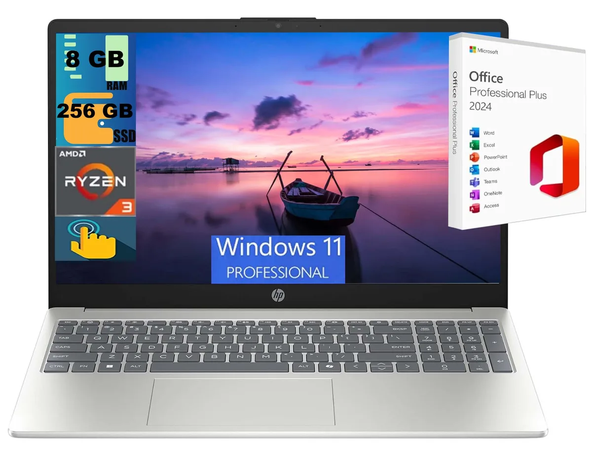 HP HP 15 Raider laptop AMD Ryzen 3 7320U 8GB DDR4 256GB PCIe SSD 15.6" HD Touchscreen Windows 11 Pro — product photo