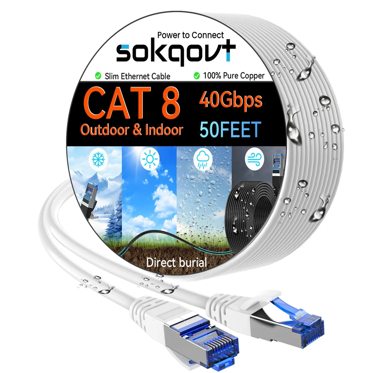  Sokqovt Cat 8 Ethernet Cable Slim 50ft White — product photo