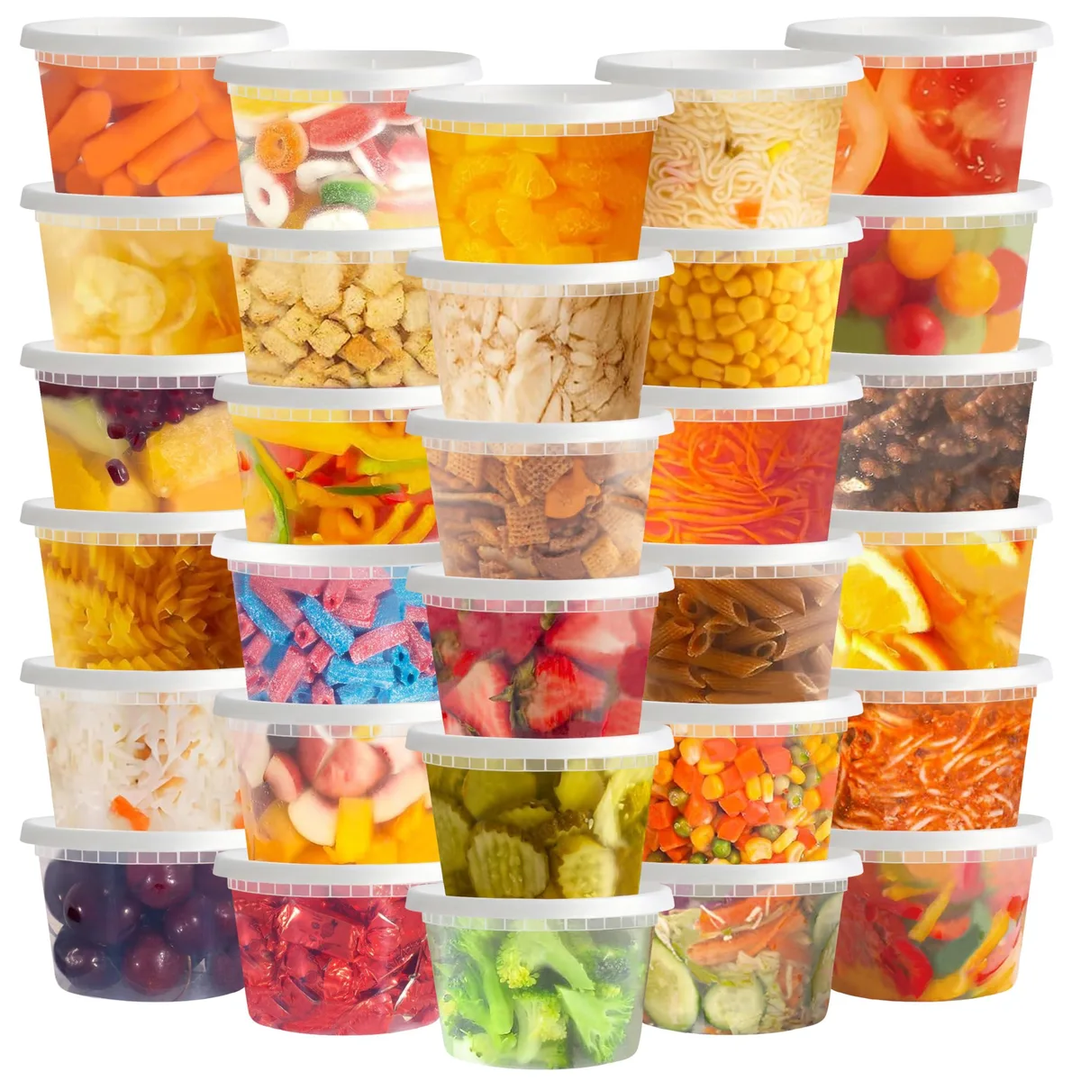 Fifty clear 16 oz plastic deli containers with matching lids, rectangular with rounded corners, stackable, shown nested together