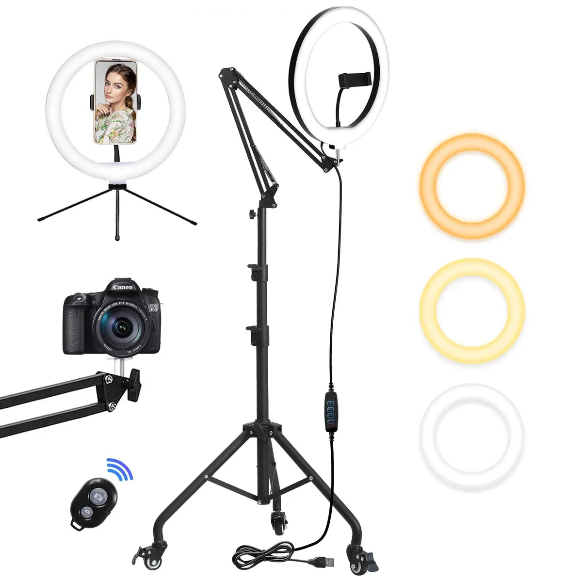 Neewer 12RL 12" Ring Light with 81" Tripod, Overhead Arm, Phone Mount &amp; Casters, 3 Modes 10 Brightness — product photo
