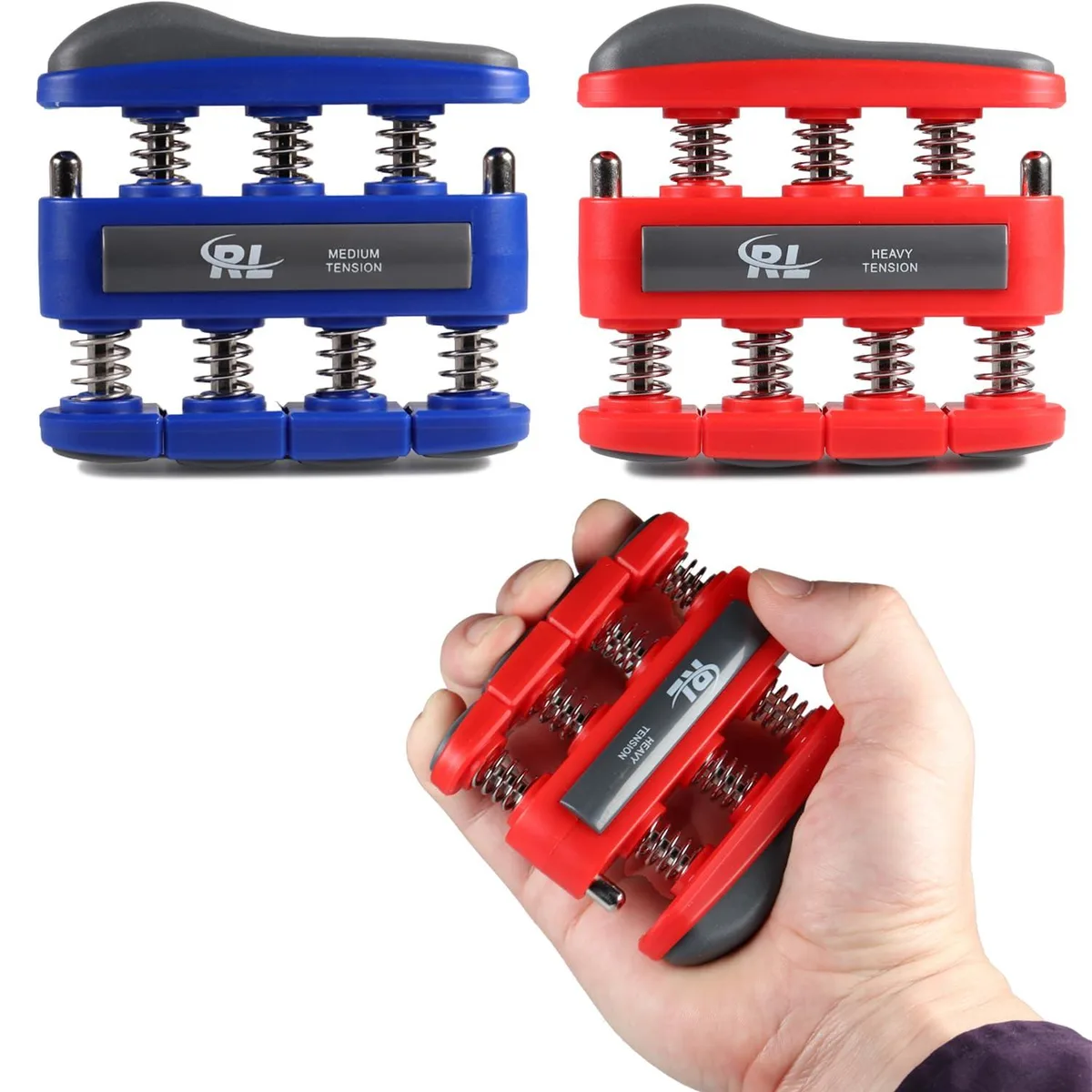 Oarlike finger strengthener set, medium and heavy resistance, compact portable design