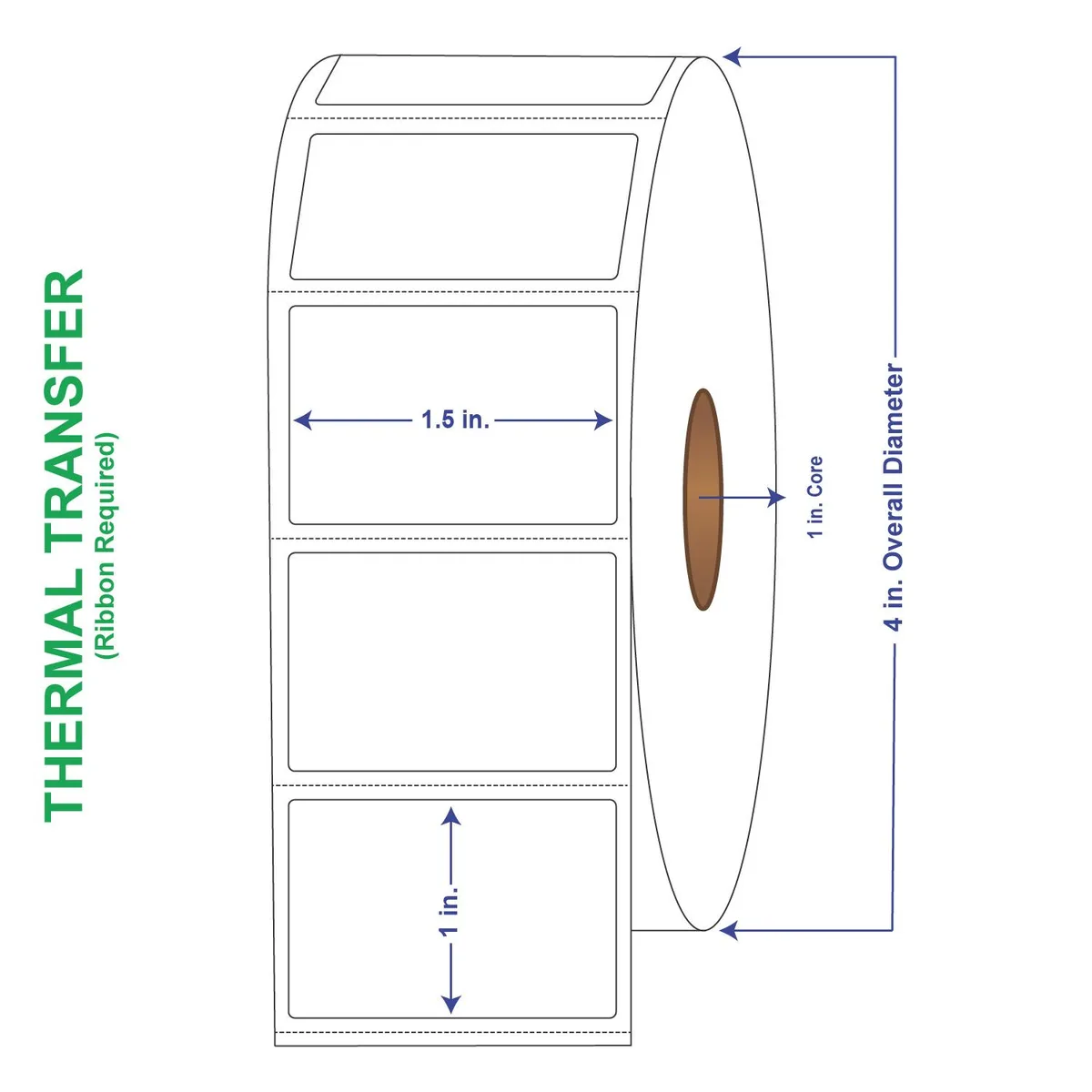 Four rolls of white perforated thermal transfer labels in a carton