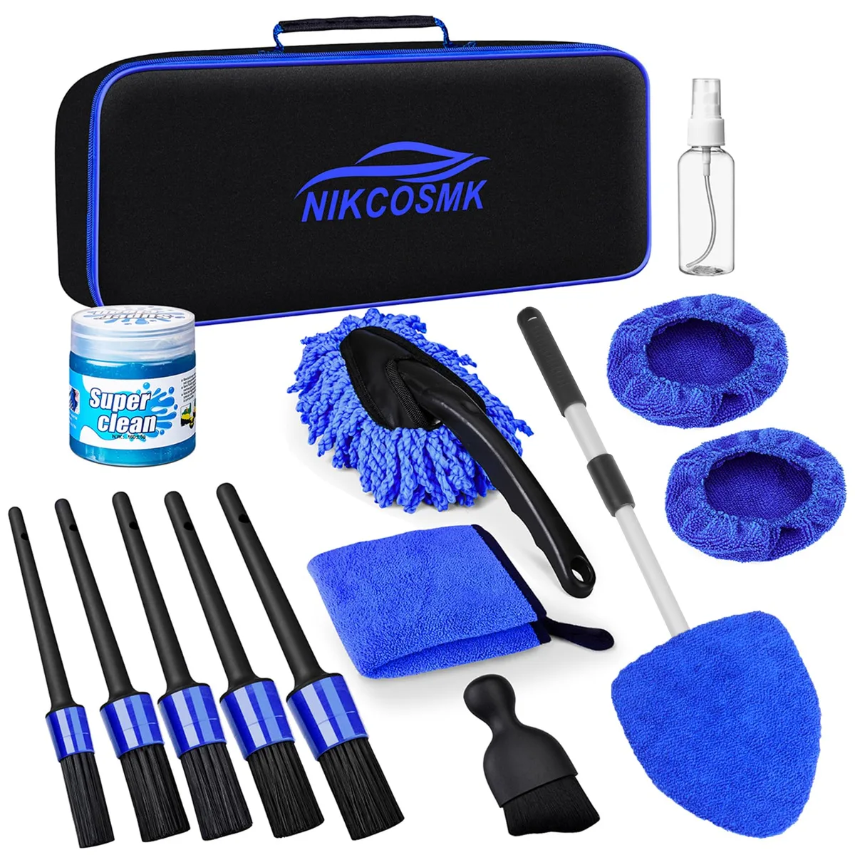 Blue 15-piece car interior cleaning kit with windshield tool, brushes, gel, microfiber pads and storage bag
