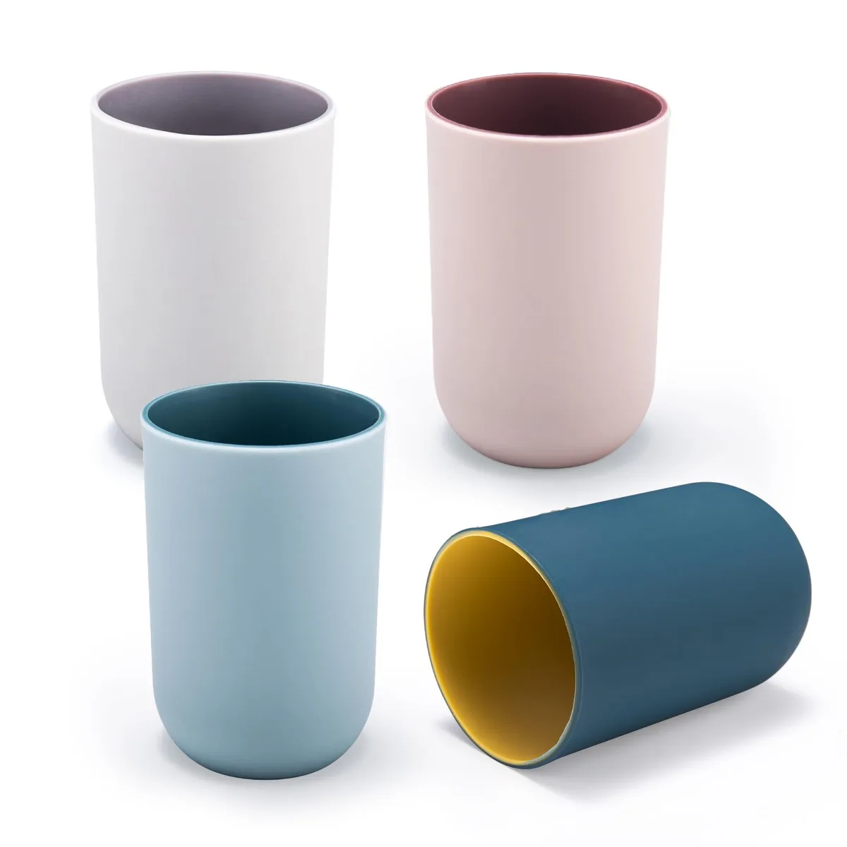 Four lightweight plastic tumblers in white, stackable with non-slip bases