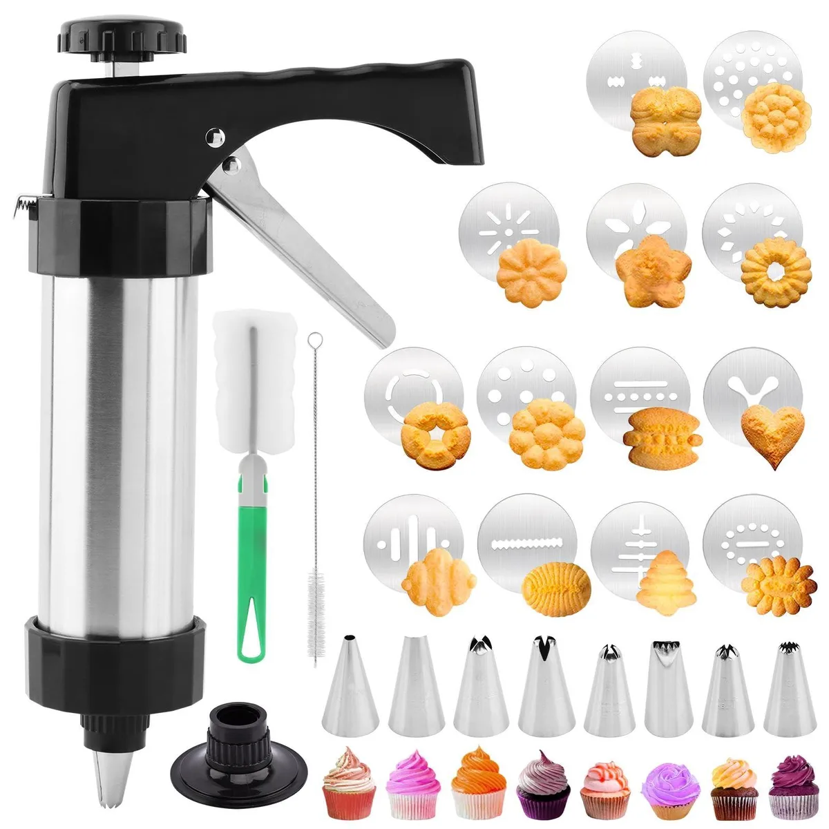 Stainless steel cookie press kit with discs and nozzles, 8.66in