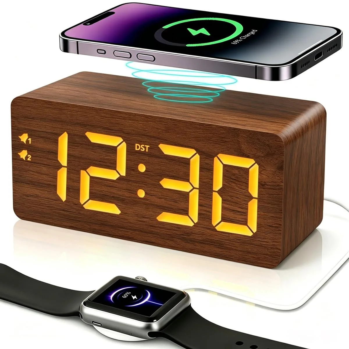 Brown wooden digital clock with LED display and wireless charging pad