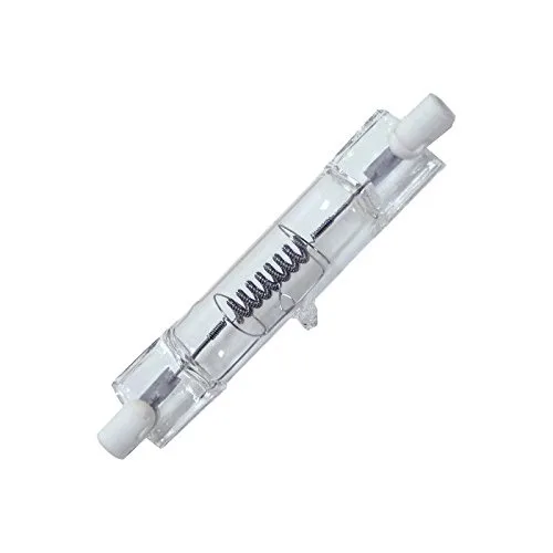 Clear tubular halogen bulb with metal caps at both ends