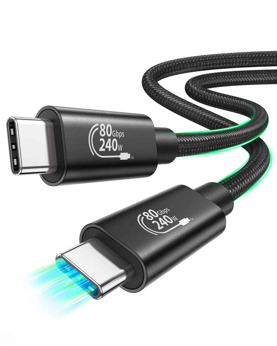 Black braided USB-C cable, male-to-male connectors, five feet long