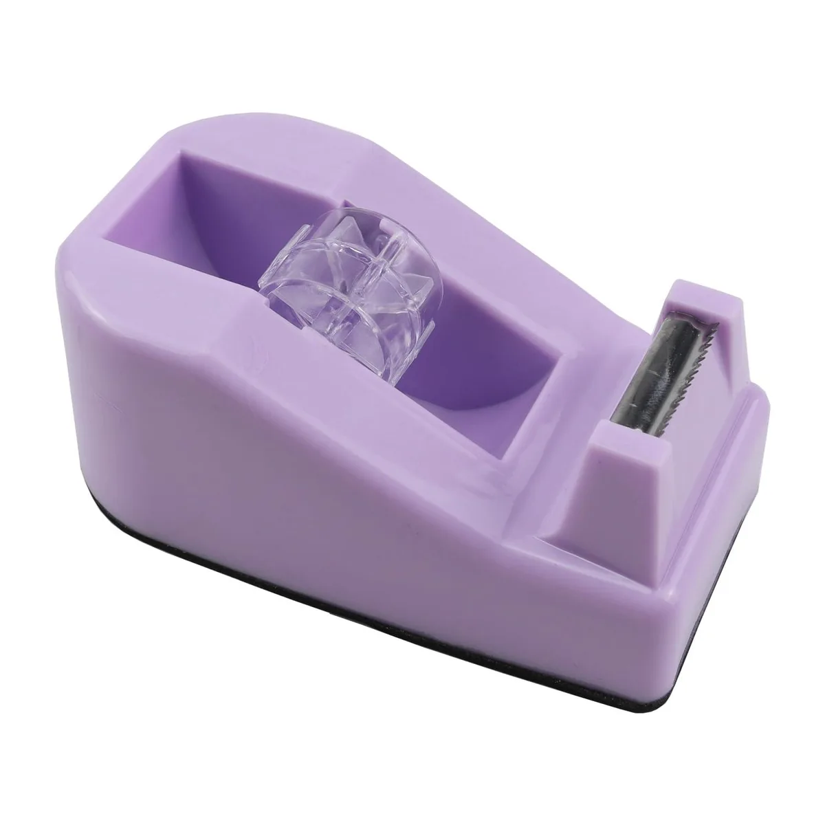 Purple plastic desktop tape dispenser with weighted non-skid base and cutting blade