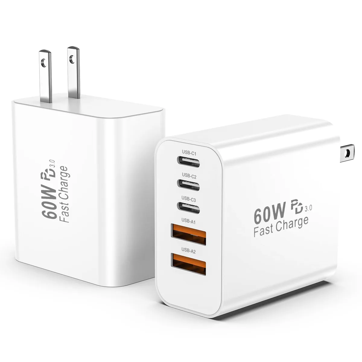  GREPHONE XHD-PD60W3C2A 60W 5-port USB charger 2-pack white — product photo