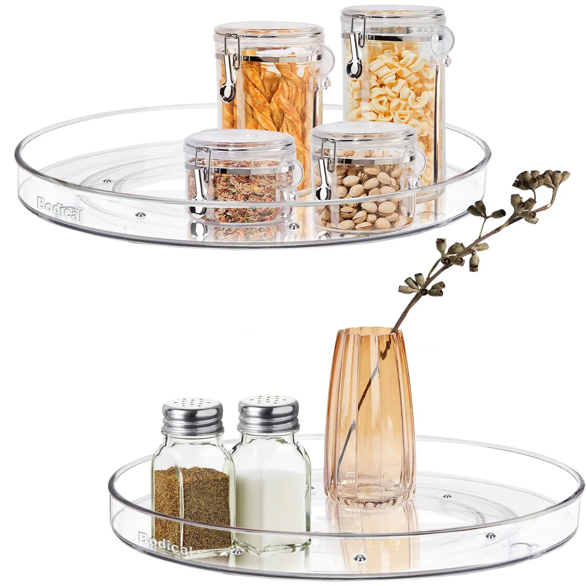 Two clear plastic 10.6 inch turntables with raised edges and stainless steel bearings